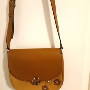 Cute Brown/ Tan Faux Leather Guess "G"  Saddle Style Crossbody Bag